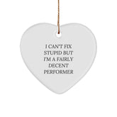 Funny Performer Gifts from Friends for Christmas Heart Ornament with 'I Can't Fix Stupid But I'm A Fairly Decent Performer' Quote - Image 1